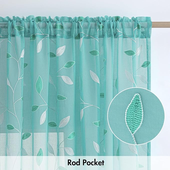 MIULEE Turquoise Sheer Curtains 2 Panels Leaf Patterned, W52 x L84 | - Image 6