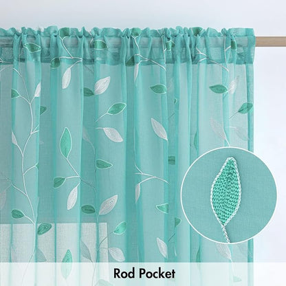 MIULEE Turquoise Sheer Curtains 2 Panels Leaf Patterned, W52 x L96 | - Image 6
