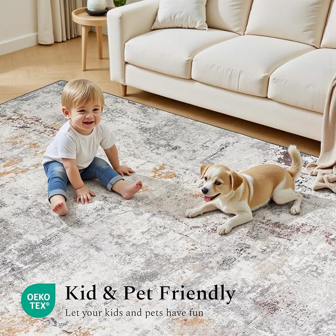Rugflix 8x10 Area Rugs for Living Room, Washable Beige Grey Large Rug | Machine - Image 6