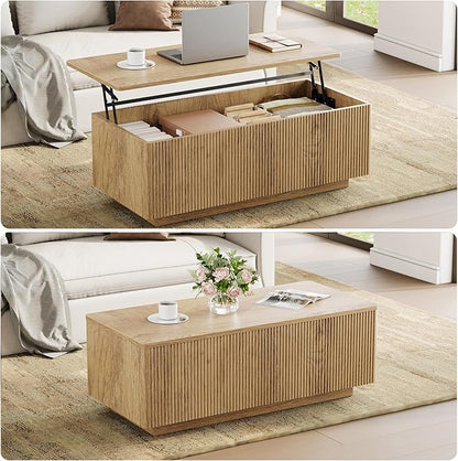 FABATO Mid Century Modern Coffee Table, Wooden Fluted Center Table - Image 4