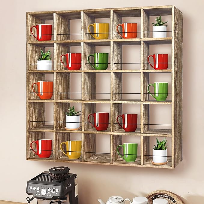 Montex Coffee Mug Holder, Mug Rack Wall Mounted, 3 Tier Coffee Mug Shelf, Rustic Coffee Mug Display Rack for Kitchen, Home, Coffee Bar(25 Grids)