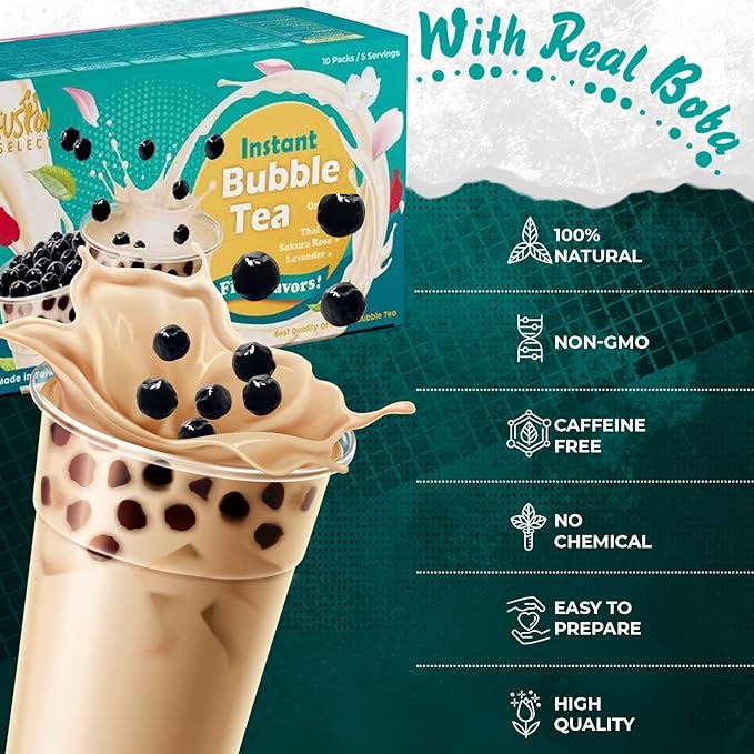 Fusion Select 5 Pack Authentic Tea Flavors Sakura, Lavender, Rose, Thai, Original Milk Tea Kit - Extra Rich Flavor Bubble Drinks, Tapioca Pearls, Straws - Complete Boba Kit
