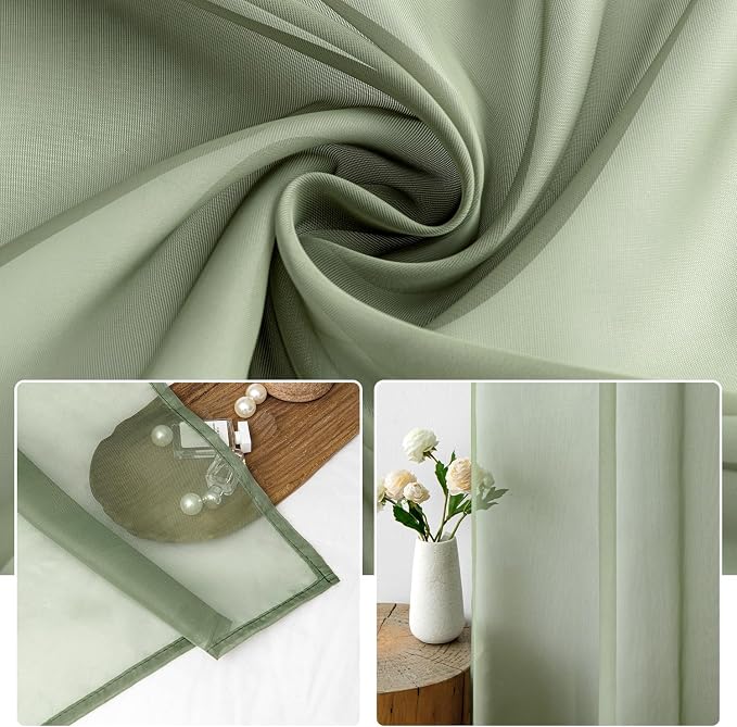 MIULEE Sage Green Sheer Curtains 54 X 54 Inches, 2 Panels | Elegant Window - Image 3