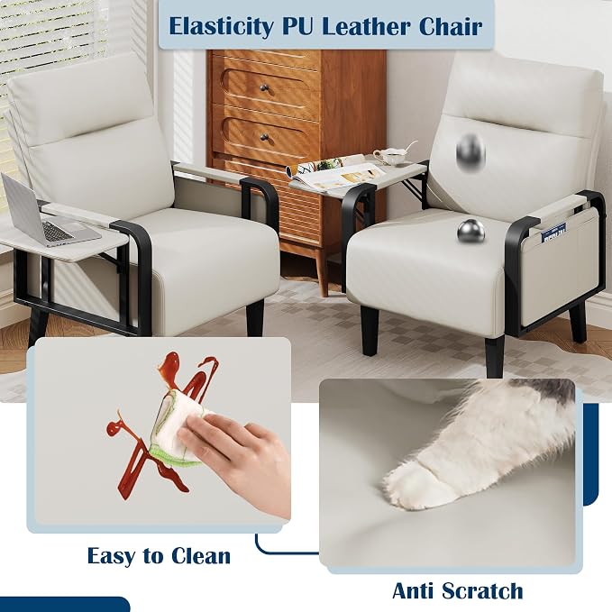Andeworld Modern Beige Accent Chair Set of 2, PU Leather Upholstered Armchair - Image 6
