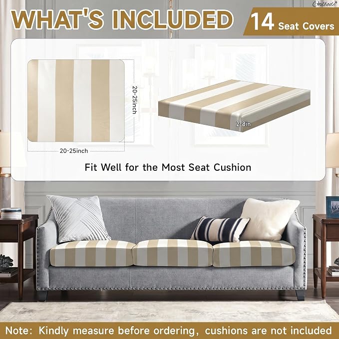 CALBODE 14 Pcs Outdoor Seat Cushion Covers, Striped Stretch Chair Seat Cover - Image 2