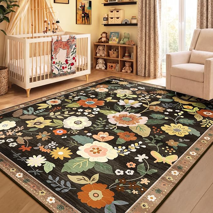 RELEANY Floral Washable 5x7 Area Rugs Black/Yellow | Flower Carpet Print Boho - Image 2