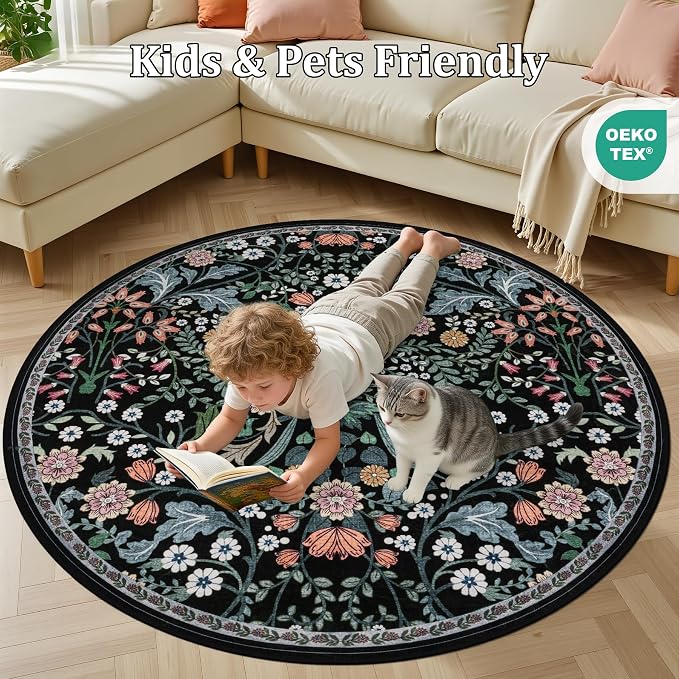 PLHXFR Round Area Rug Living Room: 4 ft Floral Washable Carpet Dark Black | - Image 8