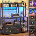 Itaar 47.2 Inch Bakers Rack with Power Outlet, Microwave Stand with Storage, Farmhouse Coffee Bar Cabinet Station with Wine Rack, Iron Grid and 8-S Hooks (Black)