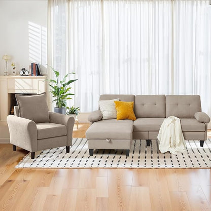 2PCS Sectional Sofa Set with Ottoman, Modern Linen 4 Seater Couch Set with Side - Image 7