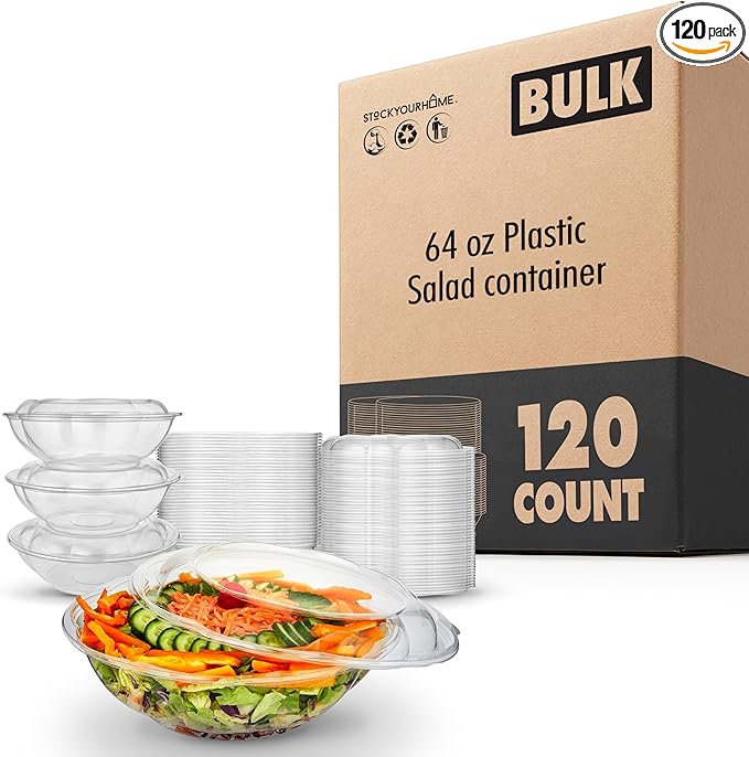 Stock Your Home 64 oz Clear Plastic Salad Bowls with Lids Disposable 120 Pack, Extra Large Takeout Containers for Fruit Salads Meal Prep and Parties