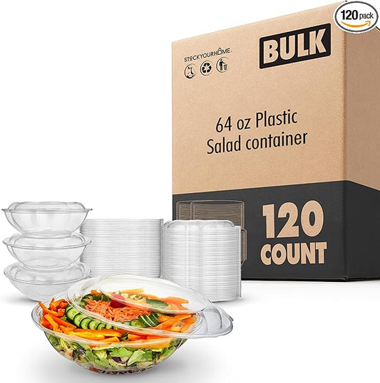 Stock Your Home 64 oz Clear Plastic Salad Bowls with Lids Disposable 120 Pack, Extra Large Takeout Containers for Fruit Salads Meal Prep and Parties
