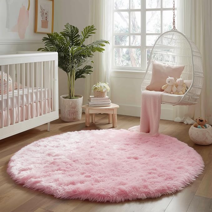 Amdrebio Pink Big Fuzzy Furry Circle Rug 8Ft - Image 7