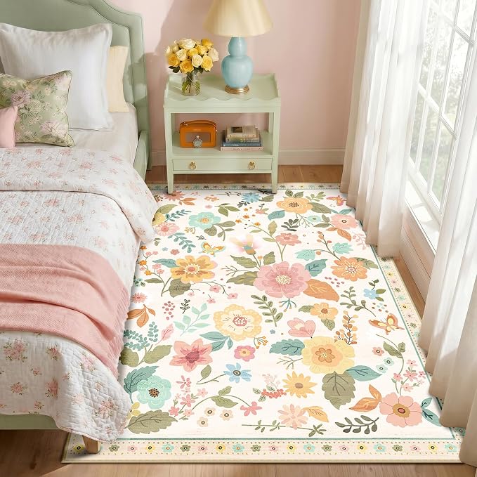 RELEANY Floral Washable 4x6 Area Rugs Beige/White/Orange | Flower Carpet Print - Image 2
