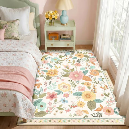 RELEANY Floral Washable 4x6 Area Rugs Beige/White/Orange | Flower Carpet Print - Image 2