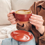 Mora Ceramic Latte Art Mug With Saucer - 10.5 oz, Round Bottom For Perfect Pours - Cafe Cups for Cappuccino, Espresso, Coffee, Tea etc - Porcelain Set for Baristas, Great Gift - Crimson Red