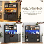 74" Tall 63" Wide Larg Bar Cabinet w/ Outlet,6000-color LED Light,Pegboard,Farmhouse Hutch Bar Cabinet w/Barn Door,2 Big Drawers,Adjustable Shelves,10 Wine & Glasses Rack,5 Hook for Kitchen,Black