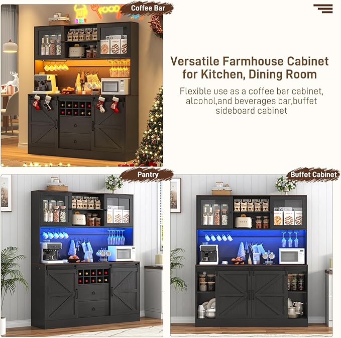 74" Tall 63" Wide Larg Bar Cabinet w/ Outlet,6000-color LED Light,Pegboard,Farmhouse Hutch Bar Cabinet w/Barn Door,2 Big Drawers,Adjustable Shelves,10 Wine & Glasses Rack,5 Hook for Kitchen,Black