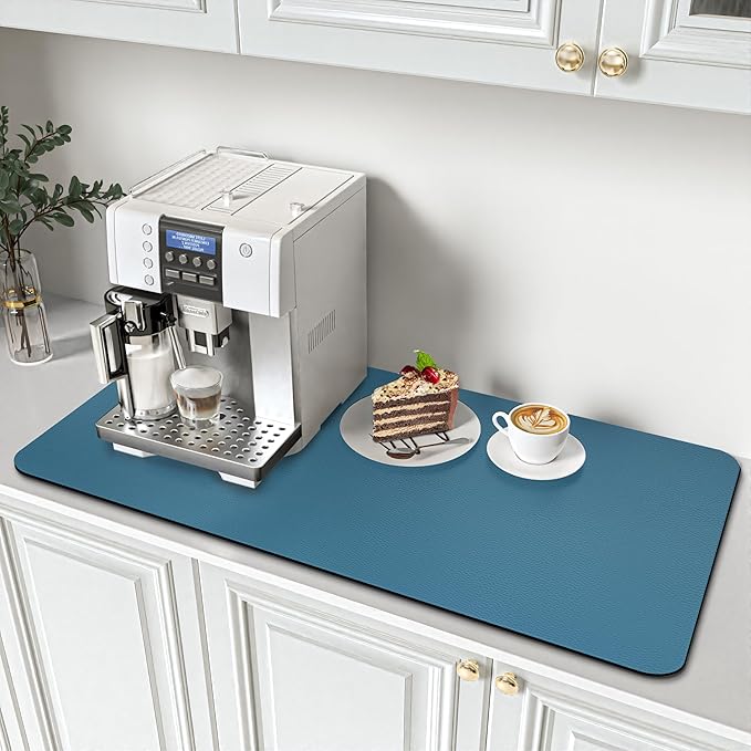 PoYang 31"x17" Coffee Mat X-Large, Coffee Bar Accessories for Countertop, Absorbent Dish Drying Mat, Anti-Slip and Hide Stain Pad for Espresso Machine, Espresso Maker and Kitchen Counter, Blue