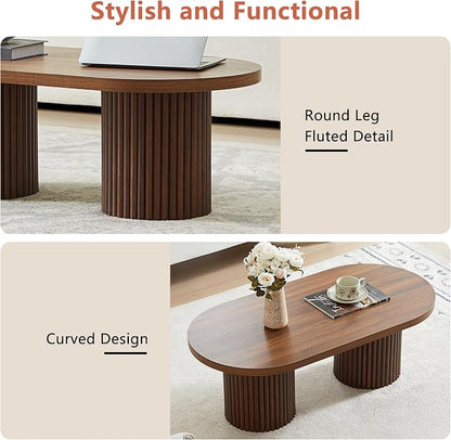 Oval Fluted Coffee Table, Farmhouse Wood Coffee Table Mid Century Modern Center - Image 7