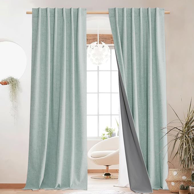 NICETOWN 100% Blackout Seafoam Green Linen Curtains 90" Length - Image 9