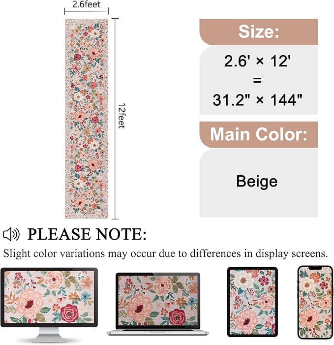 DUKINO 2.6x12 Kitchen Runner Rug, Floral Non Slip Long Washable Rug, Stain - Image 2