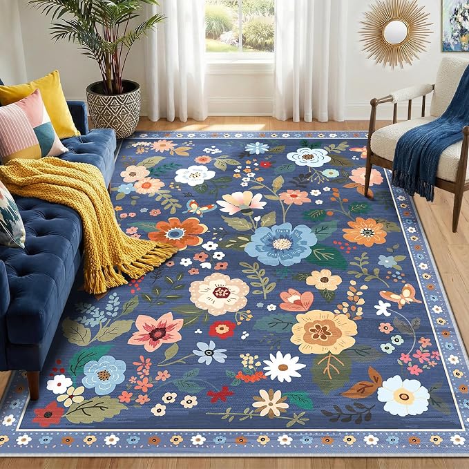 RELEANY Floral 5x7 Area Rug Machine Washable Soft Print Boho Carpet Non Slip by RELEANY