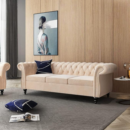 ORRD 2 Piece Living Room Set, Velvet Chesterfield Sofa Couch Chair - Image 6