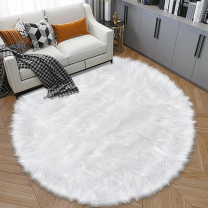 6ft Sheepskin Faux Fur White Round Rugs by TENNOLA