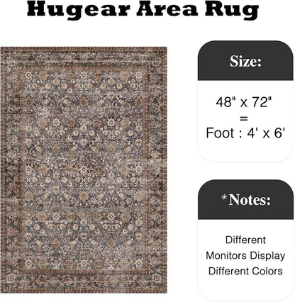 4x6 Brown Blue Vintage Floral Washable Area Rug - Image 2