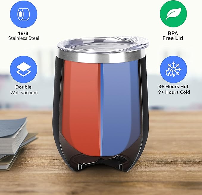 DOMICARE Stainless Steel Wine Tumbler Bulk with Lid, Personalized Insulated Tumblers Set, 12oz Travel Coffee Cups Pack of 8, Black