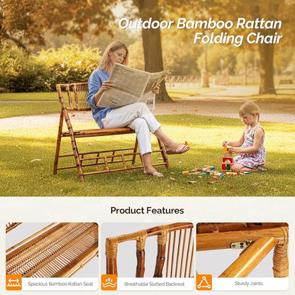 VINGLI Bamboo Rattan Folding Loveseat, Handmade Double Seat Folding Chair - Image 5