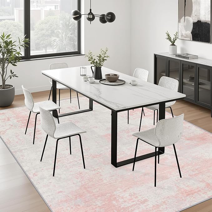 5x8 Area Rug Living Room: Modern Washable Soft Carpet Pink White | - Image 5