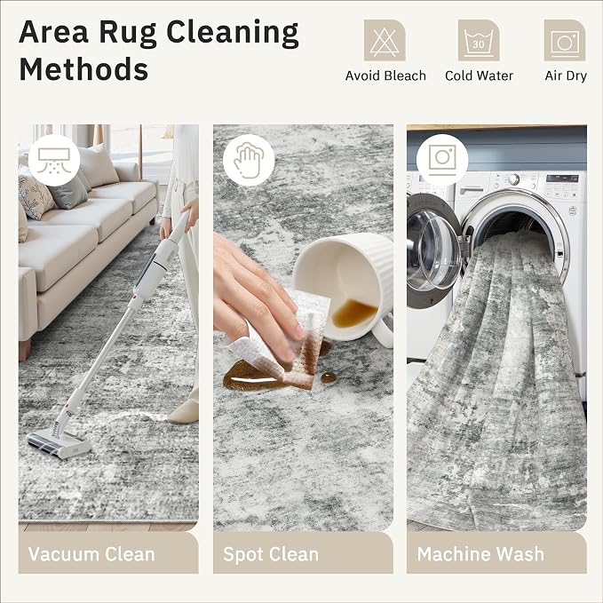 Soalmost Abstract Rug 8x10 Large Living Room Area Rugs Washable Gray/White | - Image 9