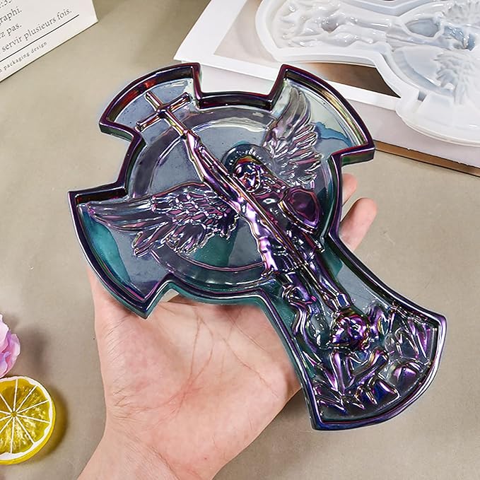 Wehous 2PCS Large Cross Resin Molds, 3D Silicone Resin Molds for Epoxy Casting, Cool Rose Cross Mold Angle Cross Tray Mold for Resin Clay Art Crafts Storage Wall Hanging Decor