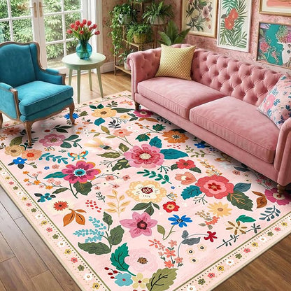 RELEANY Floral Washable 5x7 Area Rugs Pink | Flower Carpet Print Boho Cute Non by RELEANY