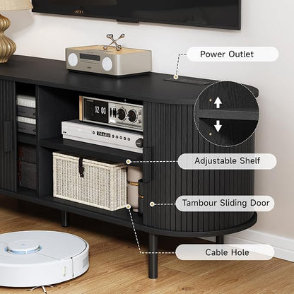 70.8" TV Stand with Power Outlet, Mid-Century Modern Television Stand, Fluted - Image 6