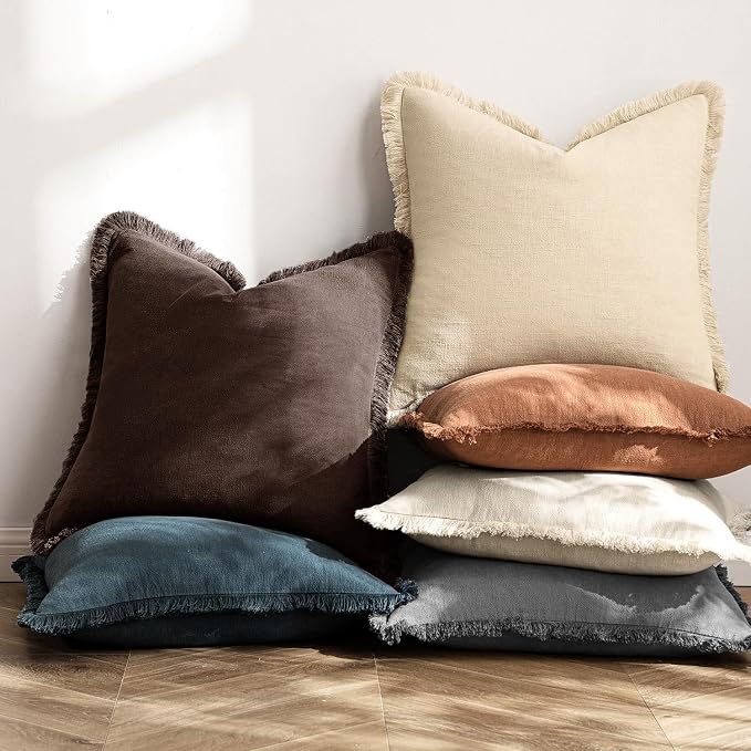 MIULEE Linen Fringe Decorative Fall Euro Pillow Covers Dark Brown 22x22 | Set - Image 6