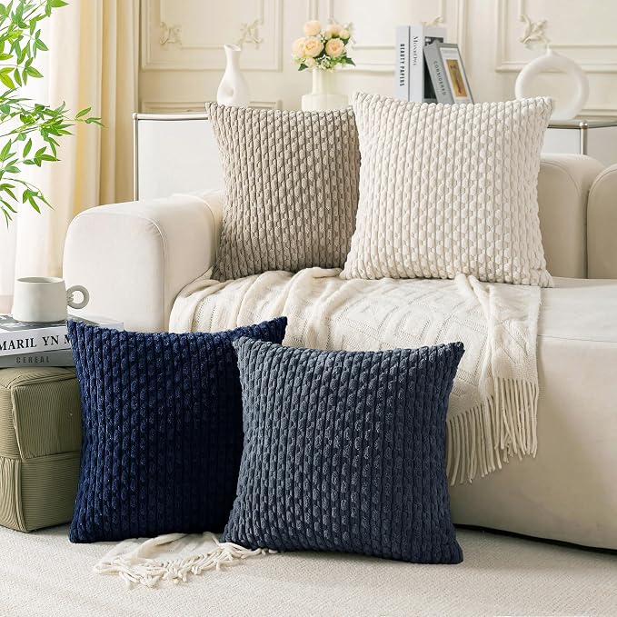 Set of 4 Navy White Taupe Decorative Throw Pillow Covers 16x16 Inch Corduroy by Cozoomy
