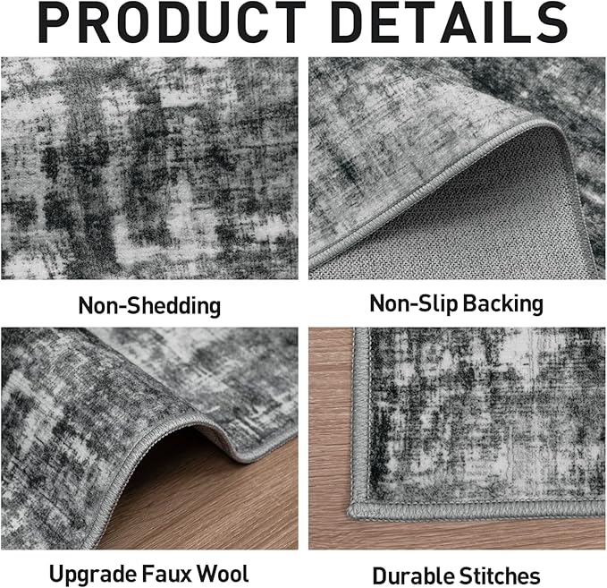 9x12 Area Rugs for Living Room: Washable Abstract Black Badroom Carpet | - Image 6