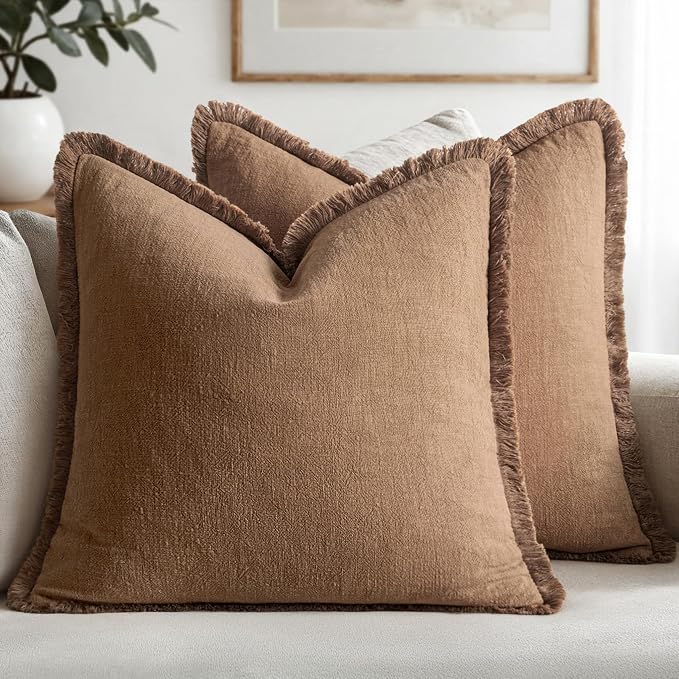 MIULEE Linen Fringe Decorative Fall Euro Throw Pillow Covers Brown 24x24 | Set by MIULEE