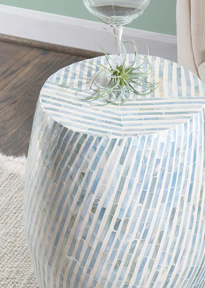 Linon Tylin Ivory and Blue Capiz Drum Accent Table - Image 2