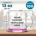 Custom Libbey Clear Glass Coffee Mugs 13 oz. Set of 100, Personalized Bulk Pack - Perfect for Coffee, Tea, Espresso, Hot Cocoa, Other Beverages - Pink Bottom