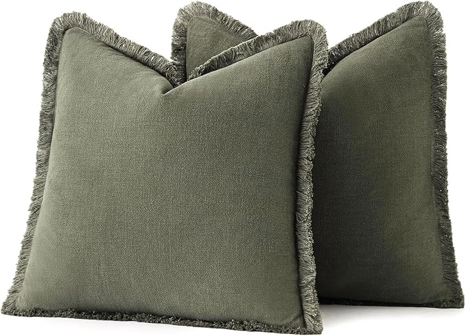 MIULEE Boho Linen Fringe Decorative Throw Pillow Covers Olive Green 20x20 | Set - Image 6