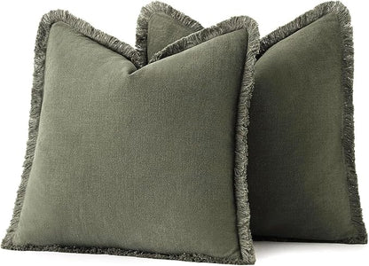 MIULEE Boho Linen Fringe Decorative Throw Pillow Covers Olive Green 20x20 | Set - Image 6