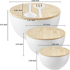 Large Salad Bowls with Bamboo Lids Set of 3, Mixing Nesting Bowls Round Serving Bowls with Servers for Salads, Kitchen Eating, Pastas, Popcorn, Chips, Trifle, Fruit, Food Prepare (White,10",8",6" )