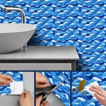 HOMETITUTE Ocean Blue Wave Pattern Wallpaper Peel and Stick Self Adhesive Vinyl - Image 7