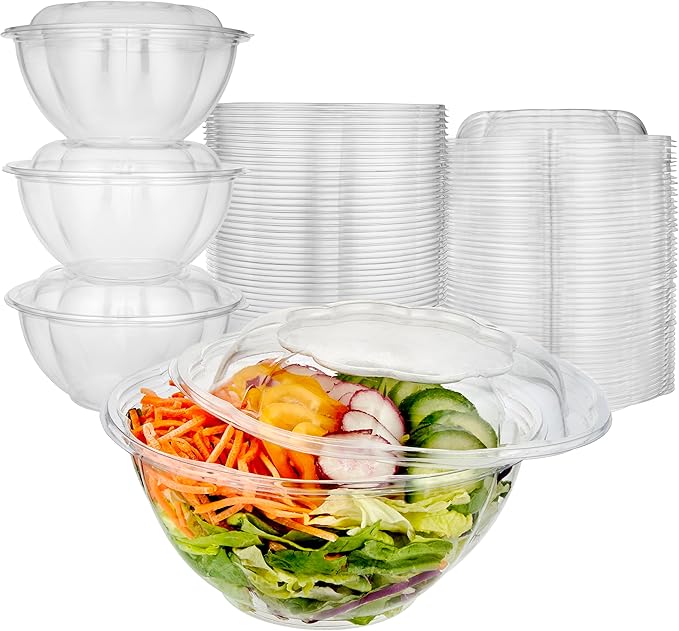 Stock Your Home 32oz Clear Plastic Salad Bowls with Lids Disposable (50 Pack) Medium Takeout Container with Snap on Lid for Fruit Salads, Quinoa, Lunch and Meal Prep, Acai Bowl, To-Go Party Containers
