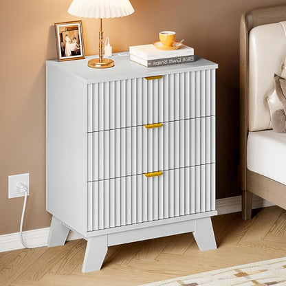 BORNOON 30.5" Nightstand with Charging Station, 3-Drawer Fluted Bedroom Chest - Image 6