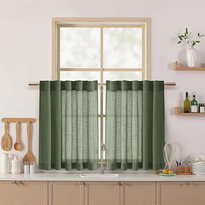Linen Kitchen Curtains 30 Inches Long 2 Panels Olive Green Semi Sheer Short by Nanspring