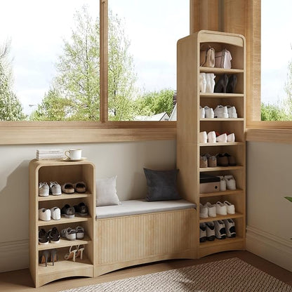 Shoe Cabinet with Bench, L-Shaped Shoe Storage Cabinet, Wood Tall Shoe Rack - Image 7